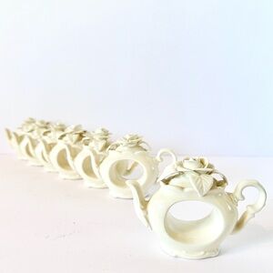 Set of 7 Mud Pie Victorian Rose Teapot Napkin Rings, Off-White Glazed Ceramic